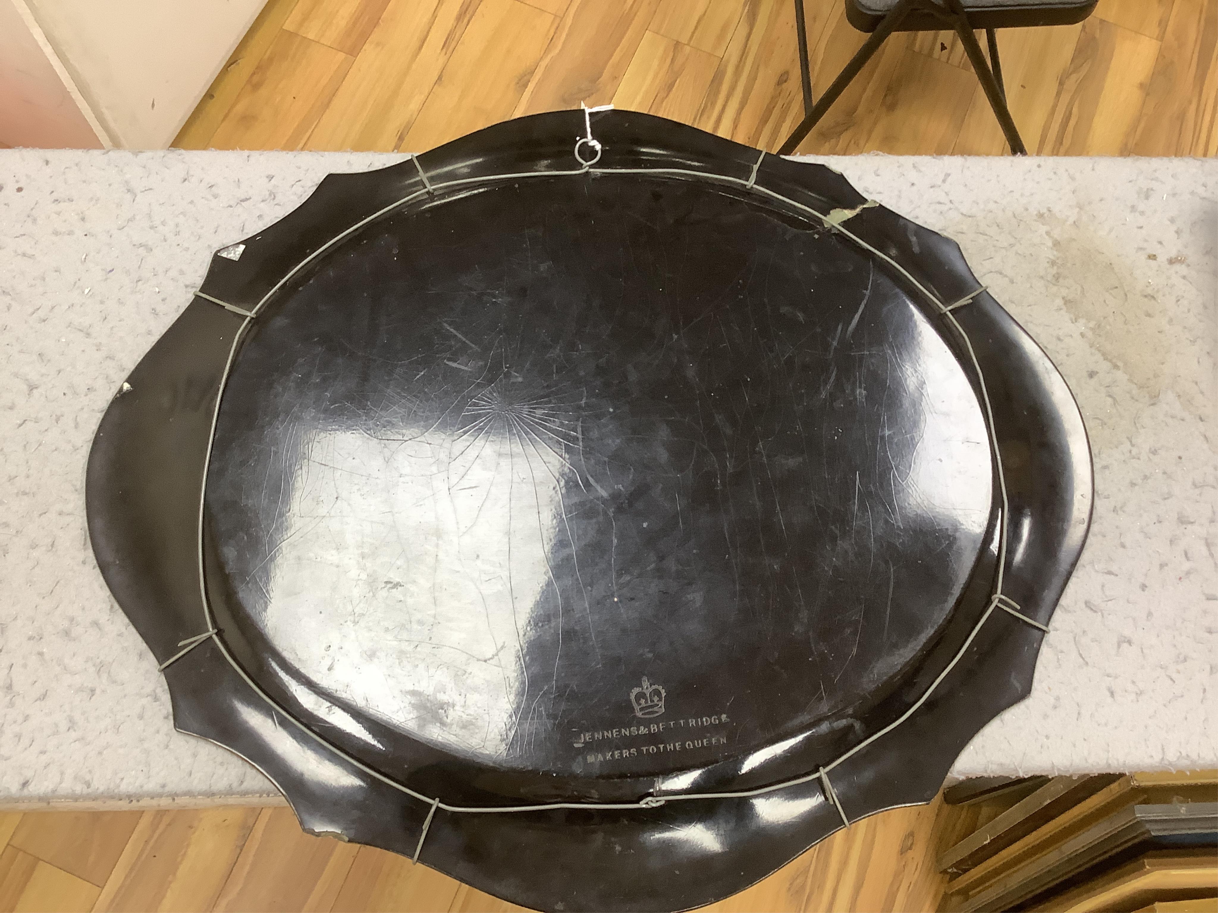 A Victorian Jennens & Bettridge papier mache tray, 65cm. Condition - poor